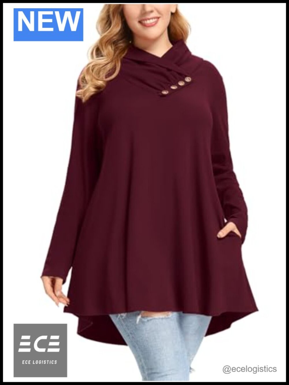 Plus Size Cowl Neck Sweatshirt Tunic with Pockets Long Sleeve